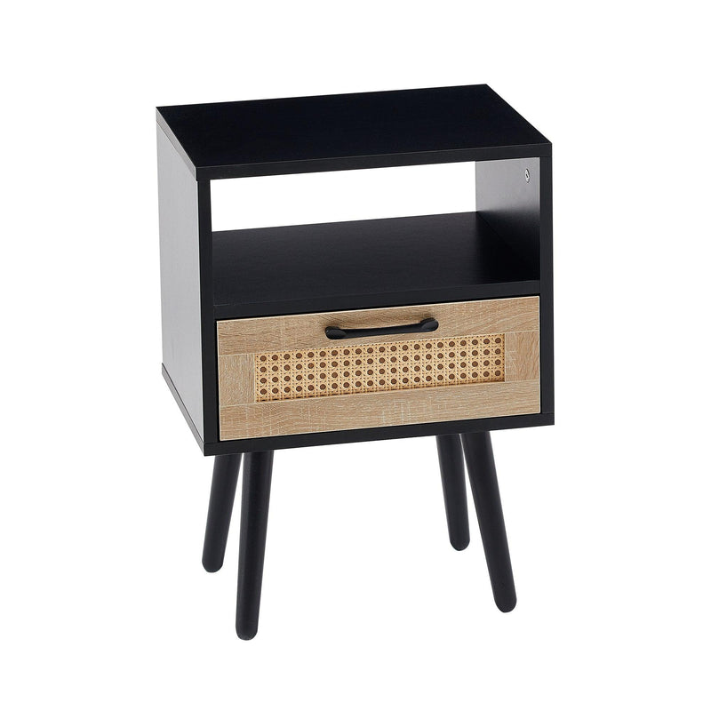 15.75" Rattan End table with  drawer and solid wood legs,Modern nightstand, side table for living roon, bedroom, black