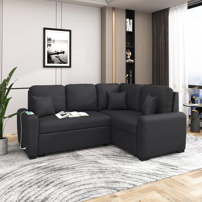 76.7"Sectional Sleeper Sofa with USB Charging Port and Plug Outlet,Pull-Out Sofa Bed with 3 Pillows, L-Shape Chaise for Living Room Small Apartment,Black