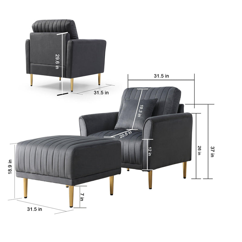 Accent Arm Chair With Ottoman Set,Modern Home Leisure Chair with Footrest, Armchair Single Sofa, Reading Chair with Metal Legs for Living Room Bedroom Grey Velvet