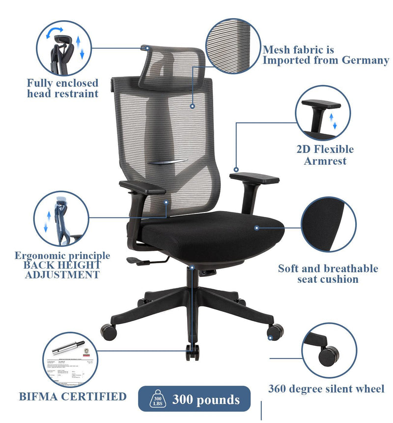 Excustive office chair with headrest and 2D armrest, chase back function with 7 gears adjustment, tilt function max 128°,300lbs,Black mesh imported from Germany, BIFMA CERTIFICATED