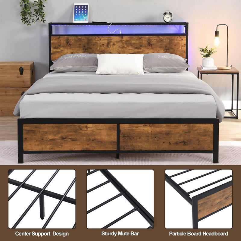 Industrial Queen Bed Frame with LED Lights and 2 USB Ports, Bed Frame Queen Size withStorage, Noise Free, No Box Spring Needed, Rustic Brown - Urban Living Furniture (Los Angeles, CA)