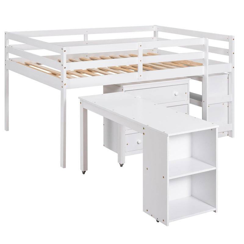 Low Study Full Loft Bed with Cabinet ,Shelves and Rolling Portable Desk ,Multiple Functions Bed- White - Urban Living Furniture (Los Angeles, CA)