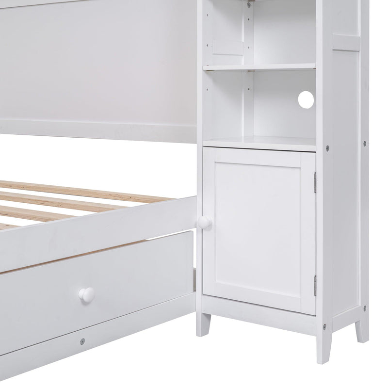 Full Size Wooden Bed With All-in-One Cabinet and Shelf, White