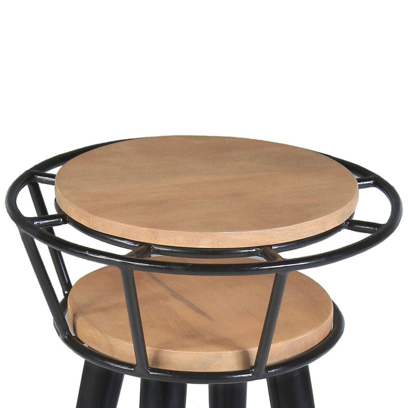 20 Inch Handcrafted Industrial End Table, 2 Tier Round Wood Shelves, Metal Frame, Oak Brown and Black