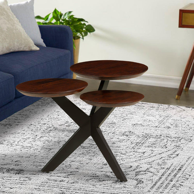 Modern Coffee Table with 3 Tier Wooden Top and Boomerang Legs, Brown and Black