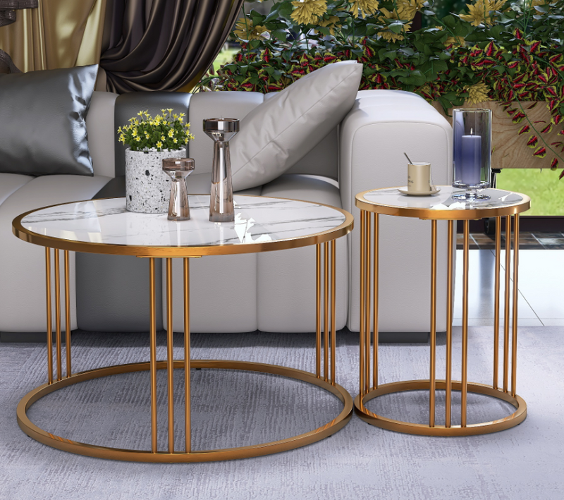 Coffee Table Set of 2, Round Slate Coffee Table with Steel Frame For Living Room - Urban Living Furniture (Los Angeles, CA)