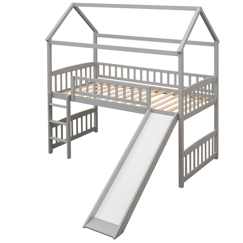 Twin Loft Bed with Slide, House Bed with Slide,White