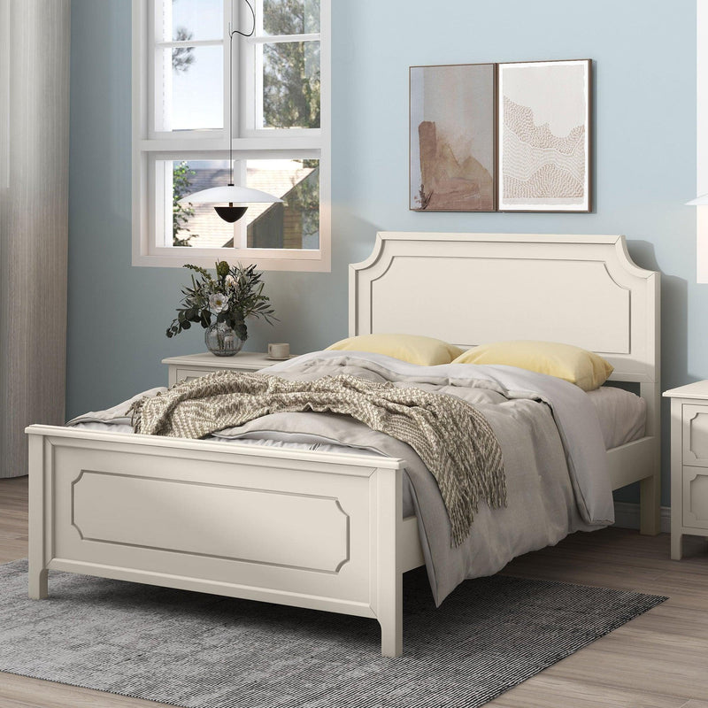 6 Pieces Bedroom Sets Milky White Solid Rubber Wood Full Size Platform Bed with Nightstand*2, Chest, Mirror and Dresser