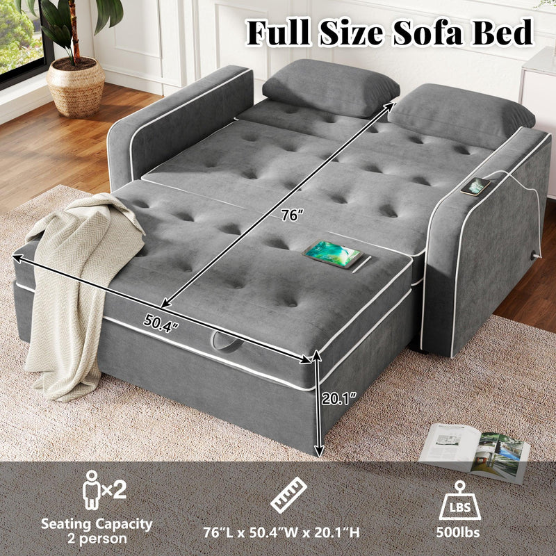 65.7" Linen Upholstered Sleeper Bed , Pull Out Sofa Bed Couch attached two throw pillows,Dual USB Charging Port and Adjustable Backrest for Living Room Space，Charcoal Gray