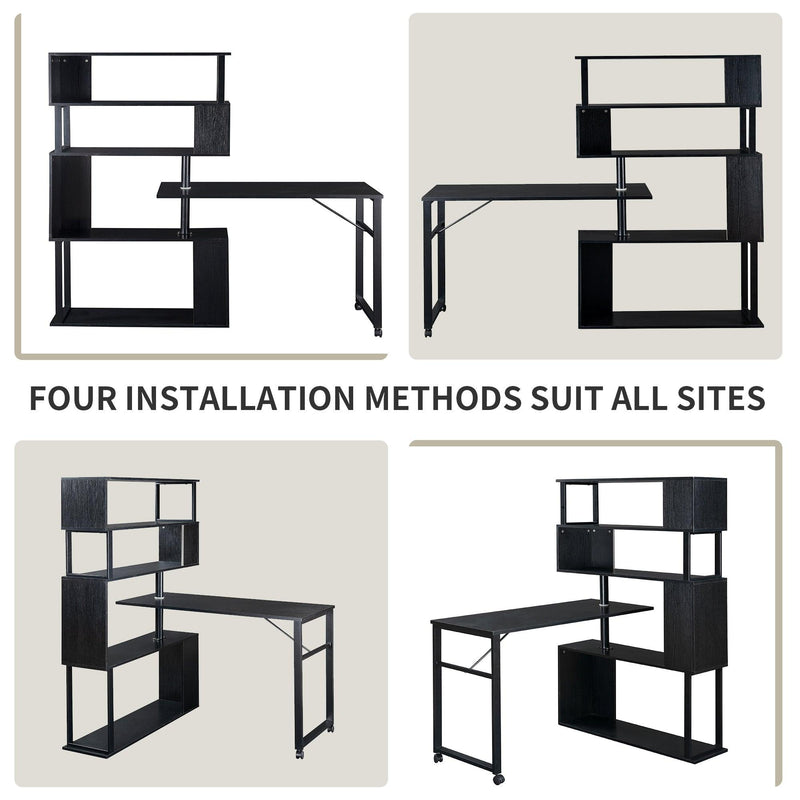 Home Office Computer Desk L-Shaped Corner Table, Rotating Computer Table with 5-Tier Bookshelf, Four Installation Methods, Lockable Casters (Black) - Urban Living Furniture (Los Angeles, CA)