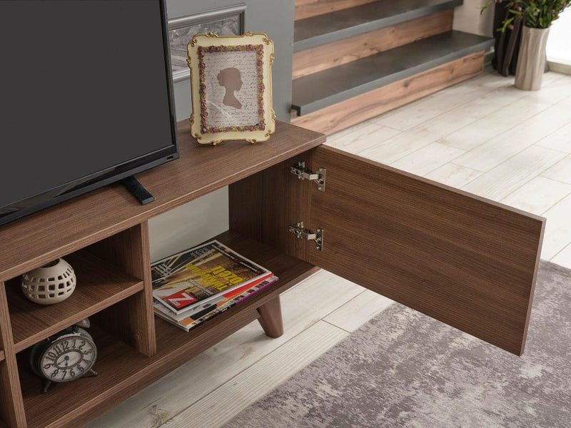 Lina Mid CenturyModern Tv Stand 2 Door Cabinet 4 Cubby Hole Shelves 67 inch Tv Unit, Walnut - Urban Living Furniture (Los Angeles, CA)