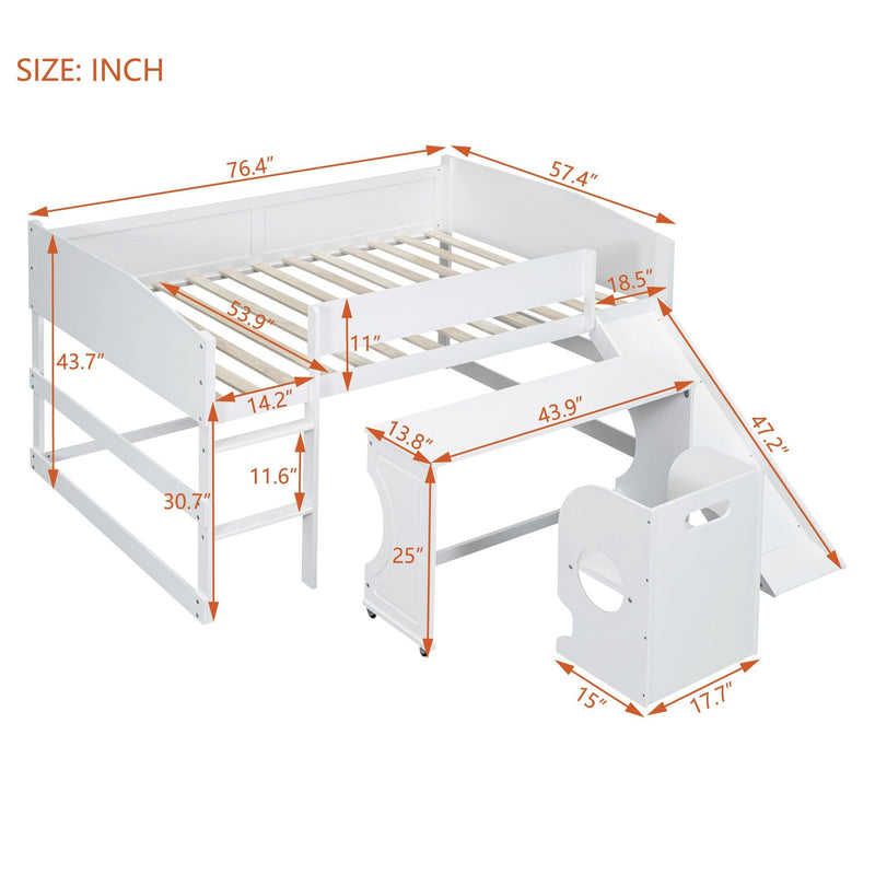 Low Study Full Loft Bed with Rolling Portable Desk and Chair,Multiple Functions Bed- White