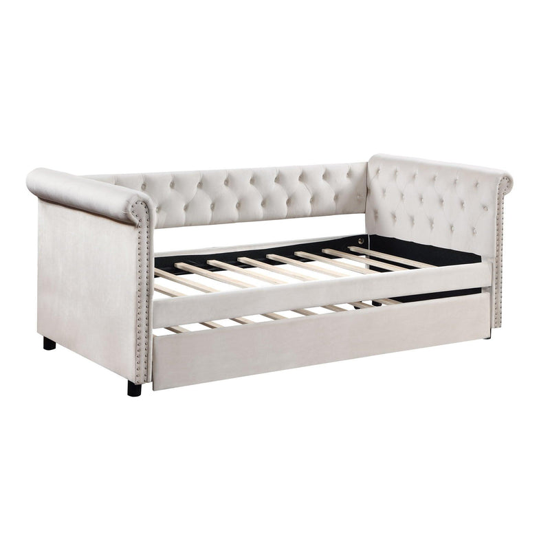 Daybed with Trundle Upholstered Tufted Sofa Bed, with Beautiful Round Armset Design, TWIN SIZE, Beige