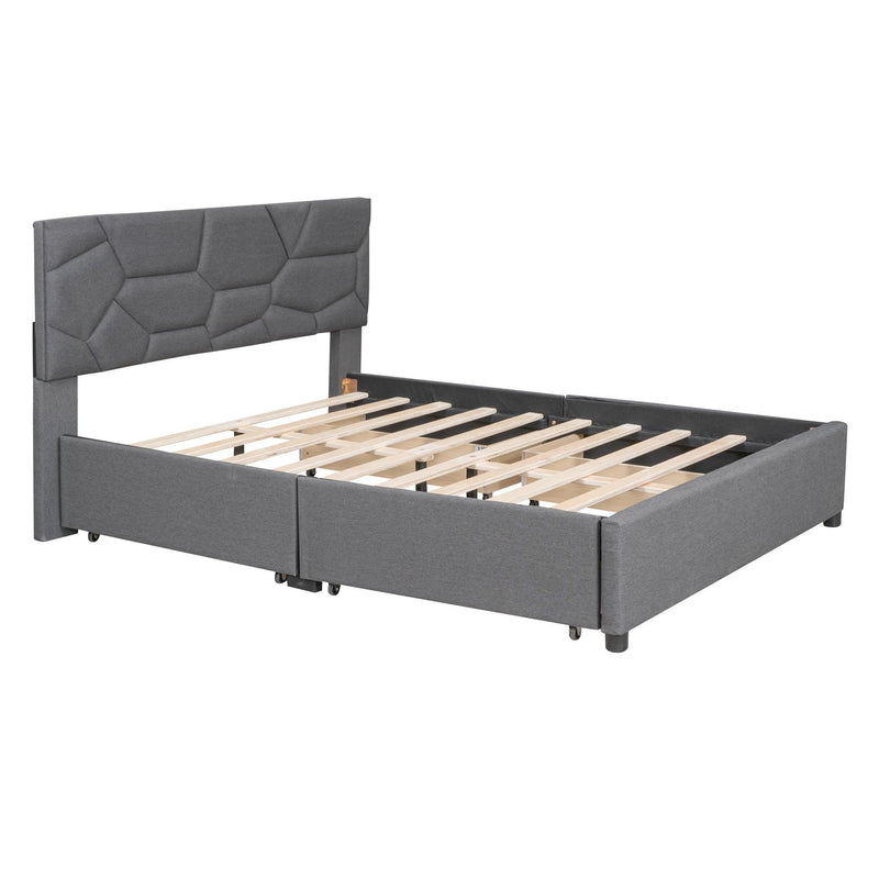 Full Size Upholstered Platform Bed with Brick Pattern Heardboard and 4 Drawers, Linen Fabric, Gray - Urban Living Furniture (Los Angeles, CA)