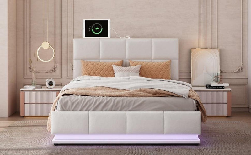 Tufted Upholstered Platform Bed with HydraulicStorage System,Queen Size PUStorage Bed with LED Lights and USB charger, White - Urban Living Furniture (Los Angeles, CA)