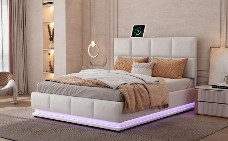 Tufted Upholstered Platform Bed with HydraulicStorage System,Queen Size PUStorage Bed with LED Lights and USB charger, White - Urban Living Furniture (Los Angeles, CA)