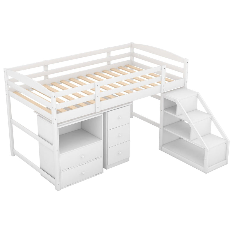 Twin Size Loft Bed with Multifunctional Movable Built-in Desk and and Staircase,White - Urban Living Furniture (Los Angeles, CA)