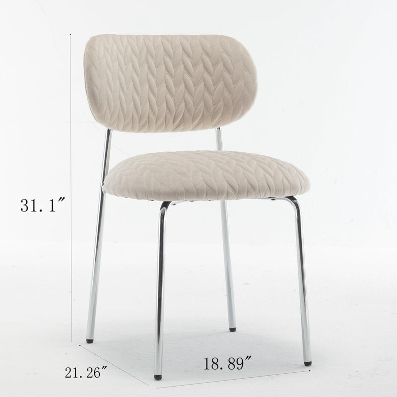 Velvet dining Chair Leaf grain ergonomic backrest Chair Silver metal legs Chair(Set of 2)（Beige）