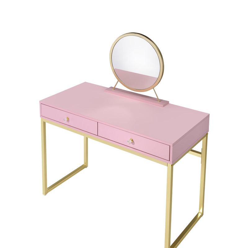 ACME Coleen Vanity Desk w/Mirror & Jewelry Tray in Pink & Gold Finish AC00668