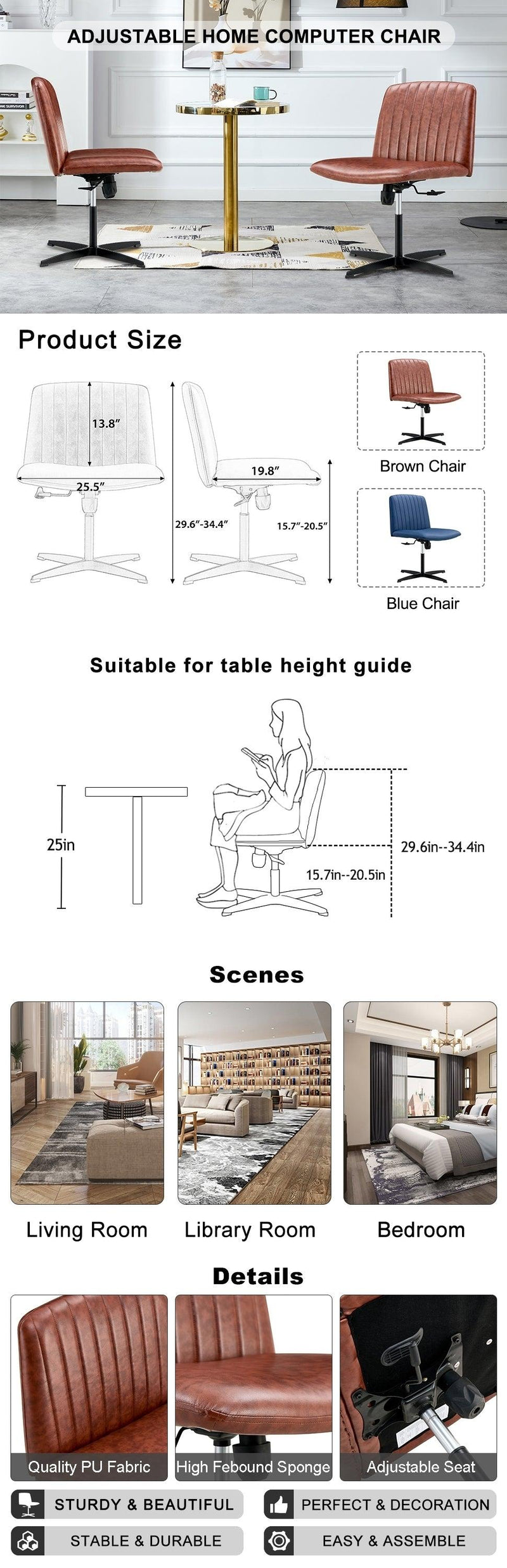 Office chair Brown PU Material. Home Computer Chair Office Chair Adjustable 360 °Swivel Cushion Chair With Black Foot Swivel Chair Makeup Chair Study Desk Chair. No Wheels - Urban Living Furniture (Los Angeles, CA)