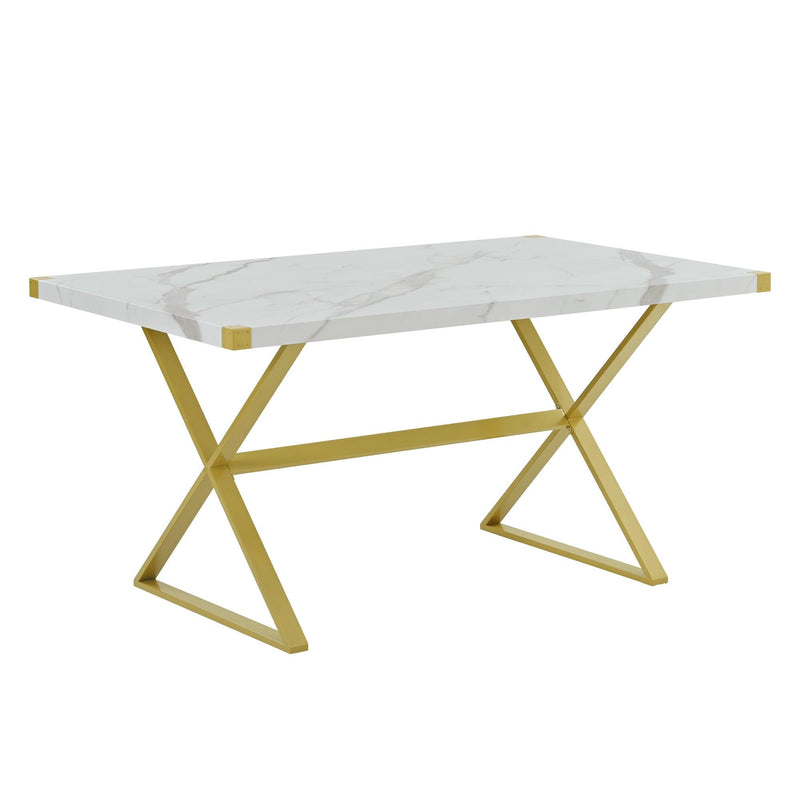 7-PieceModern Dining Table Set, Rectangular Marble Texture Kitchen Table and 6 PU leather Chairs with X-Shaped Gold Steel Pipe Legs for Dining Room (White) - Urban Living Furniture (Los Angeles, CA)