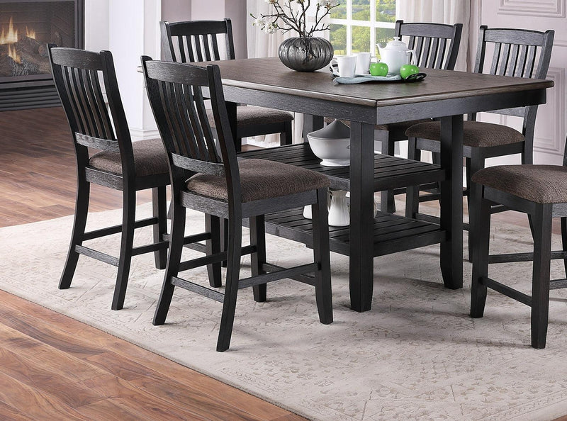 Transitional Dining Room 7pc Set Dark Coffee Rubberwood Counter Height Dining Table w 2x Shelfs and 6x High Chairs Fabric Upholstered seats Unique Back Counter Height Chairs