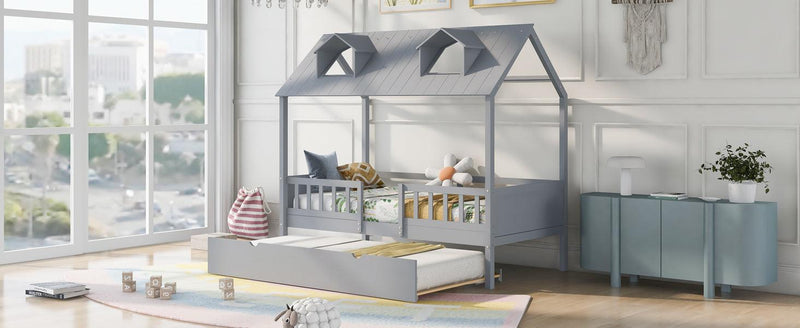 Twin Size House Bed Wood Bed with Twin Size Trundle ( Gray ) - Urban Living Furniture (Los Angeles, CA)