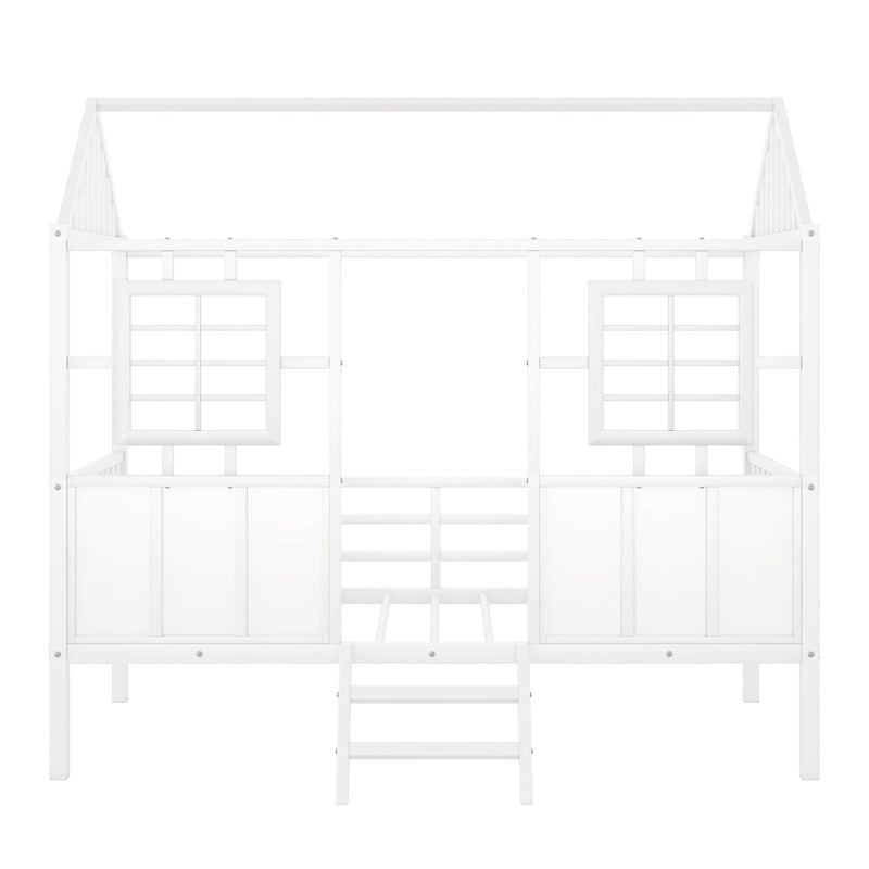 Twin Size Metal Low Loft House Bed with Roof and Two Front Windows , White