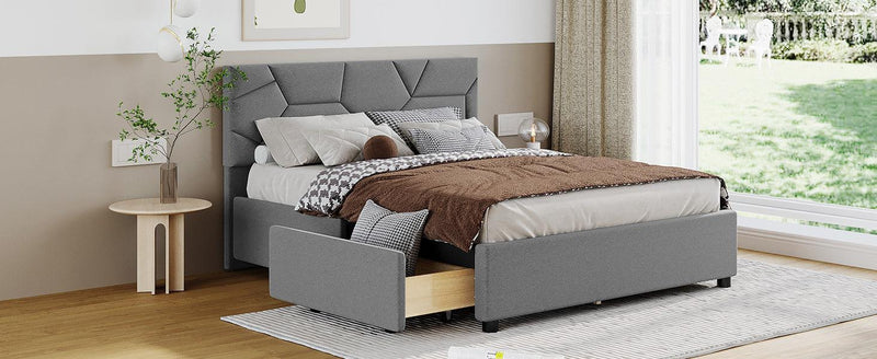 Full Size Upholstered Platform Bed with Brick Pattern Heardboard and 4 Drawers, Linen Fabric, Gray - Urban Living Furniture (Los Angeles, CA)