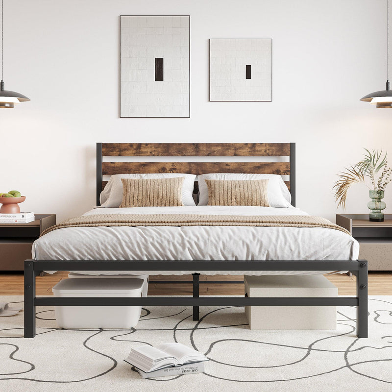 Queen Size Platform Bed Frame with Rustic Vintage Wood Headboard, Strong Metal Slats Support Mattress Foundation, No Box Spring Needed Rustic Brown - Urban Living Furniture (Los Angeles, CA)