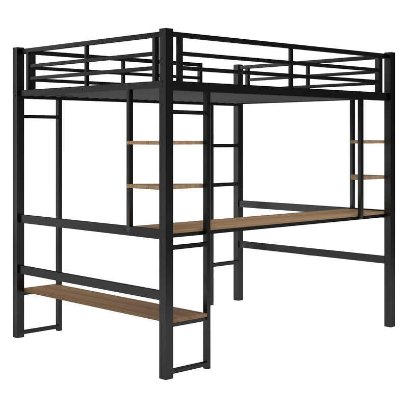 Full Size Loft Metal&MDF Bed with Long Desk and Shelves,Black