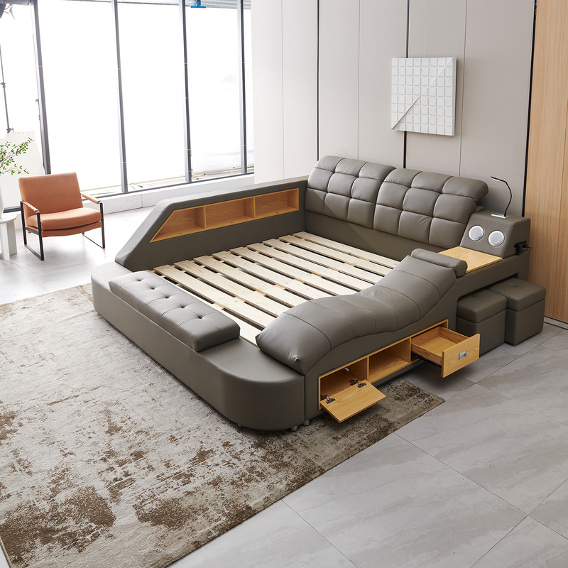 Multifunctional UpholsteredStorage Bed Frame, Massage Chaise Lounge on Left, Queen Size, Grey