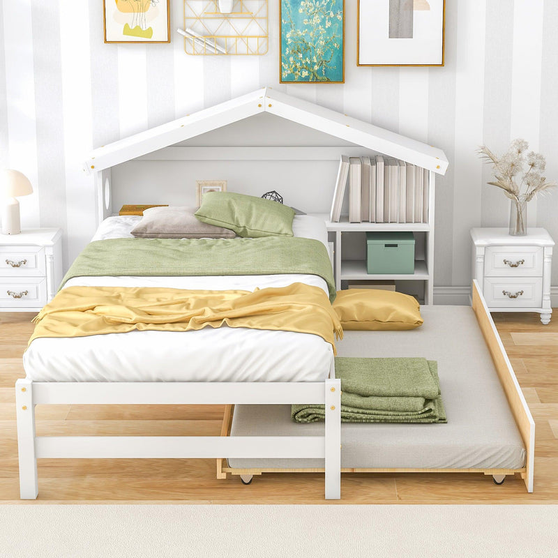 TwinStorage House Bed for kids with Bedside Table, Trundle, White - Urban Living Furniture (Los Angeles, CA)