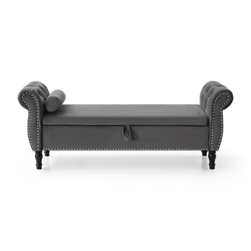 63" Velvet MultifunctionalStorage Rectangular Sofa Stool Buttons Tufted Nailhead Trimmed Solid Wood Legs with 1 Pillow,Grey