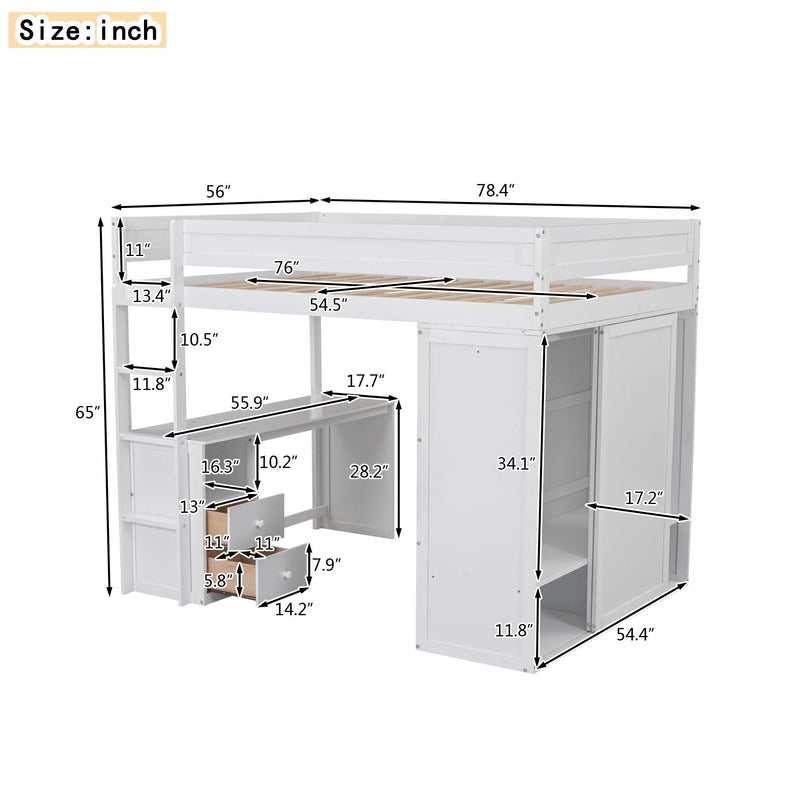 Wood Full Size Loft Bed with Wardrobes and 2-Drawer Desk with Cabinet, White