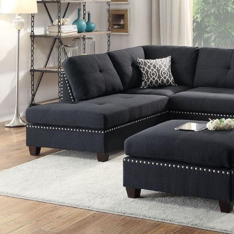 3-pcs Sectional Sofa Black Polyfiber Cushion Sofa Chaise Ottoman Reversible Couch Pillows - Urban Living Furniture (Los Angeles, CA)