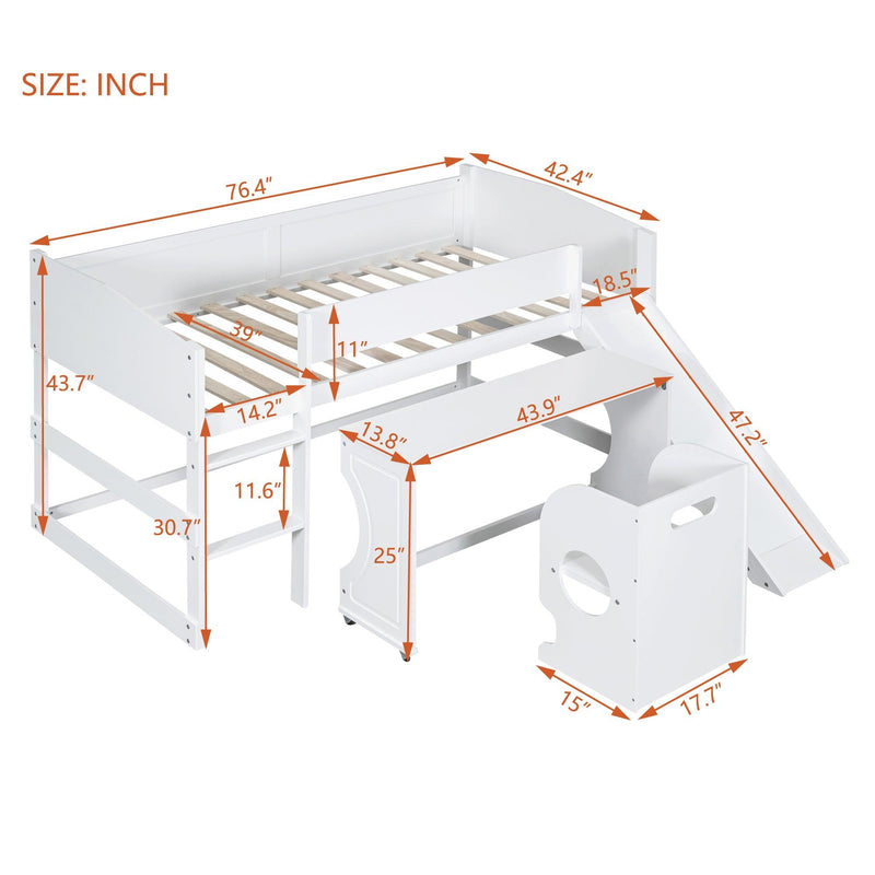 Low Study Twin Loft Bed with Rolling Portable Desk and Chair,Multiple Functions Bed- White - Urban Living Furniture (Los Angeles, CA)