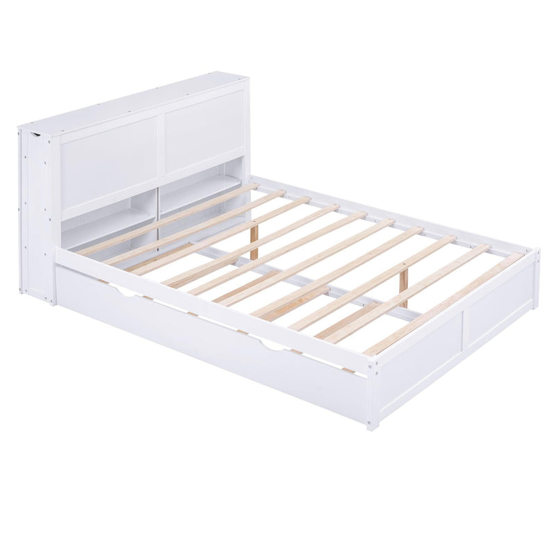 Queen SizeStorage Platform Bed with Pull Out Shelves and Twin Size Trundle, White - Urban Living Furniture (Los Angeles, CA)