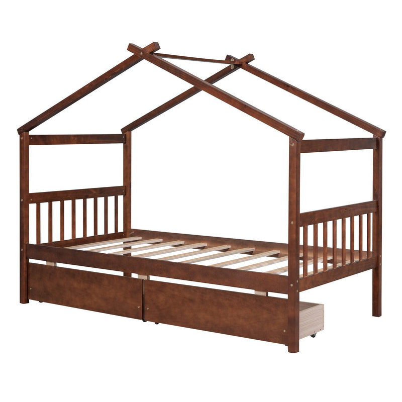 Twin Size Wooden House Bed with Drawers, Walnut - Urban Living Furniture (Los Angeles, CA)