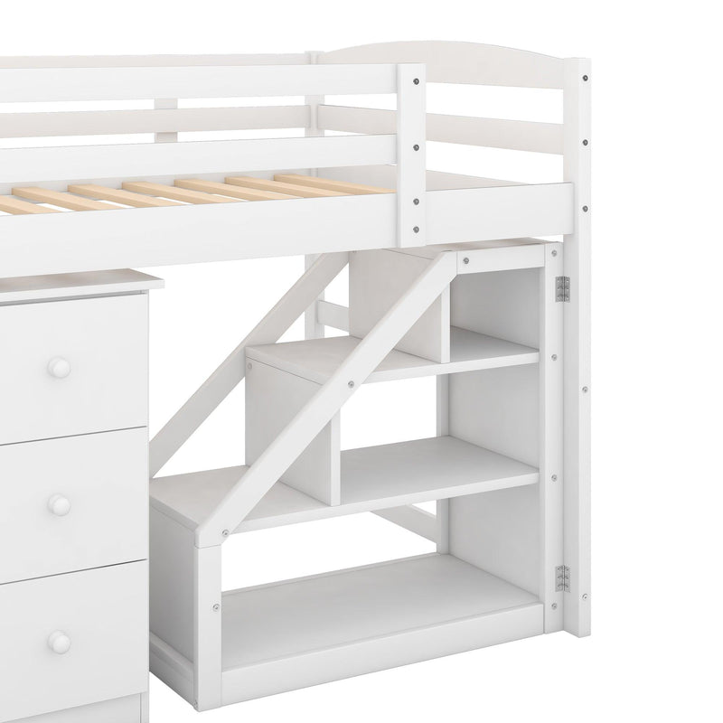 Twin Size Loft Bed with Multifunctional Movable Built-in Desk and and Staircase,White