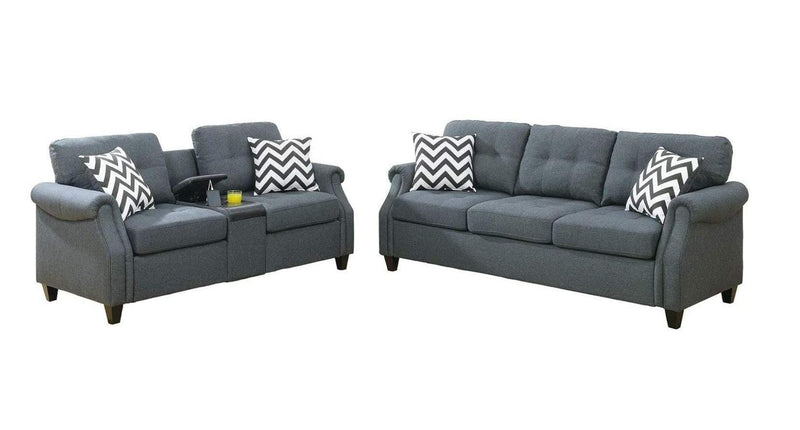 2pcs Sofa set Living Room Furniture Blue Gray Plush Polyfiber Sofa Loveseat w Console Pillows Couch