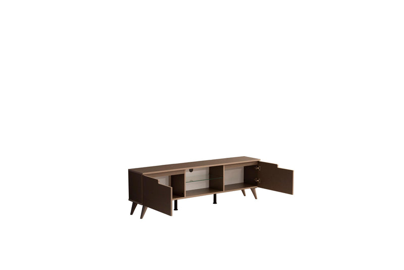 Denver Mid CenturyModern Tv Stand 2 Door Cabinets 1 Glass Shelf 66 inch Tv Unit, Brown - Urban Living Furniture (Los Angeles, CA)