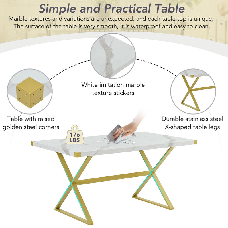 7-PieceModern Dining Table Set, Rectangular Marble Texture Kitchen Table and 6 PU leather Chairs with X-Shaped Gold Steel Pipe Legs for Dining Room (White) - Urban Living Furniture (Los Angeles, CA)