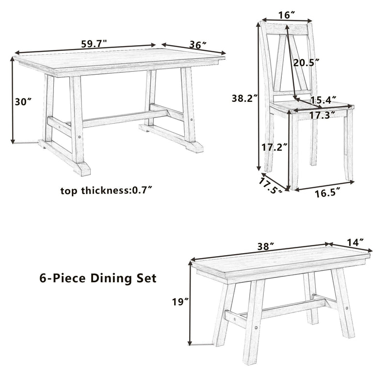 6-Piece Wood Dining Table Set Kitchen Table Set with Long Bench and 4 Dining Chairs, Farmhouse Style, Walnut+White