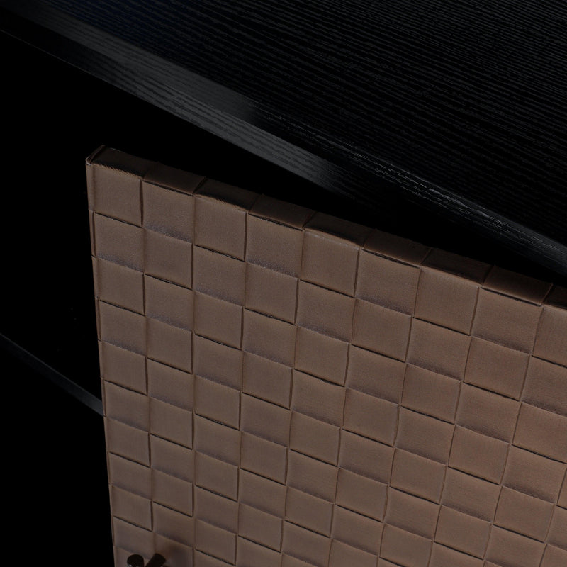 2 door cabinet,Runway-shaped leatherette finish,Embossed texture