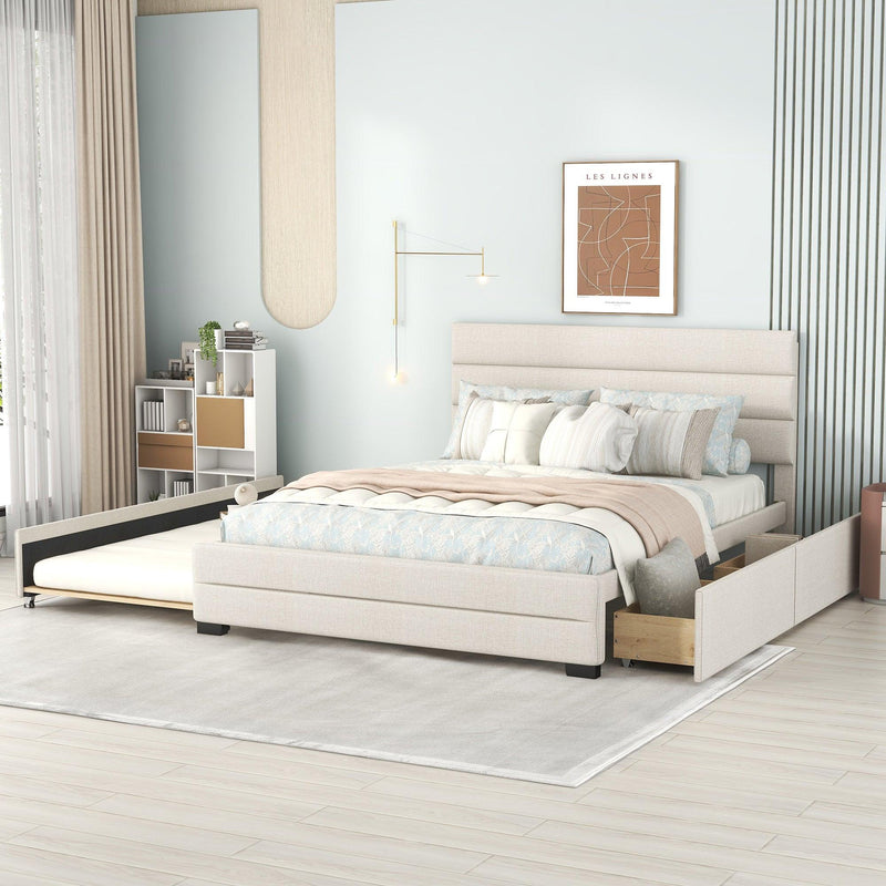 Queen Upholstered Platform Bed with Twin Size Trundle and Two Drawers, Beige - Urban Living Furniture (Los Angeles, CA)