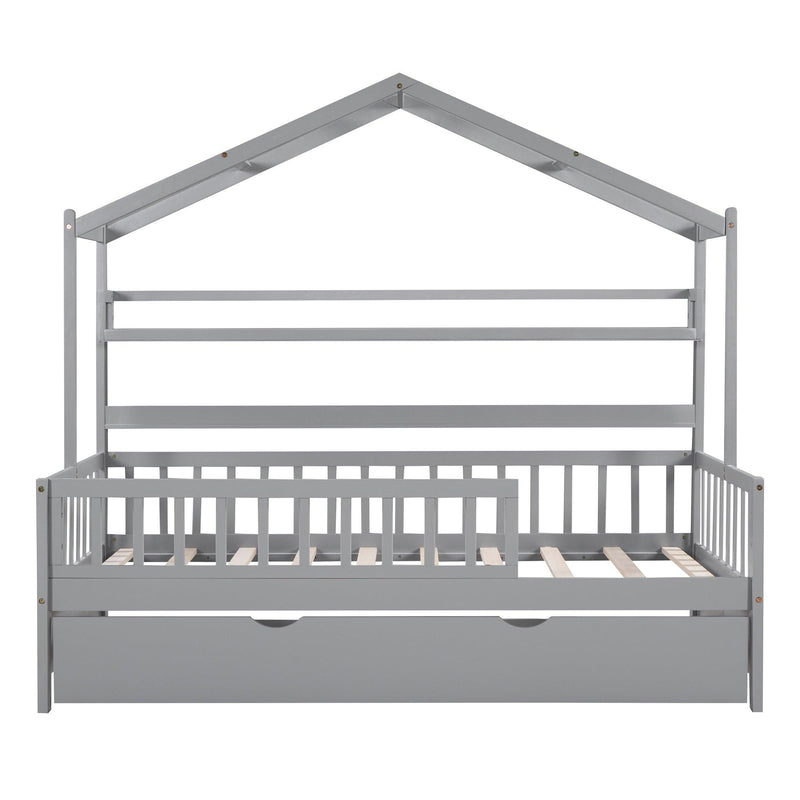 Wooden Twin Size House Bed with Trundle,Kids Bed with Shelf, Gray - Urban Living Furniture (Los Angeles, CA)