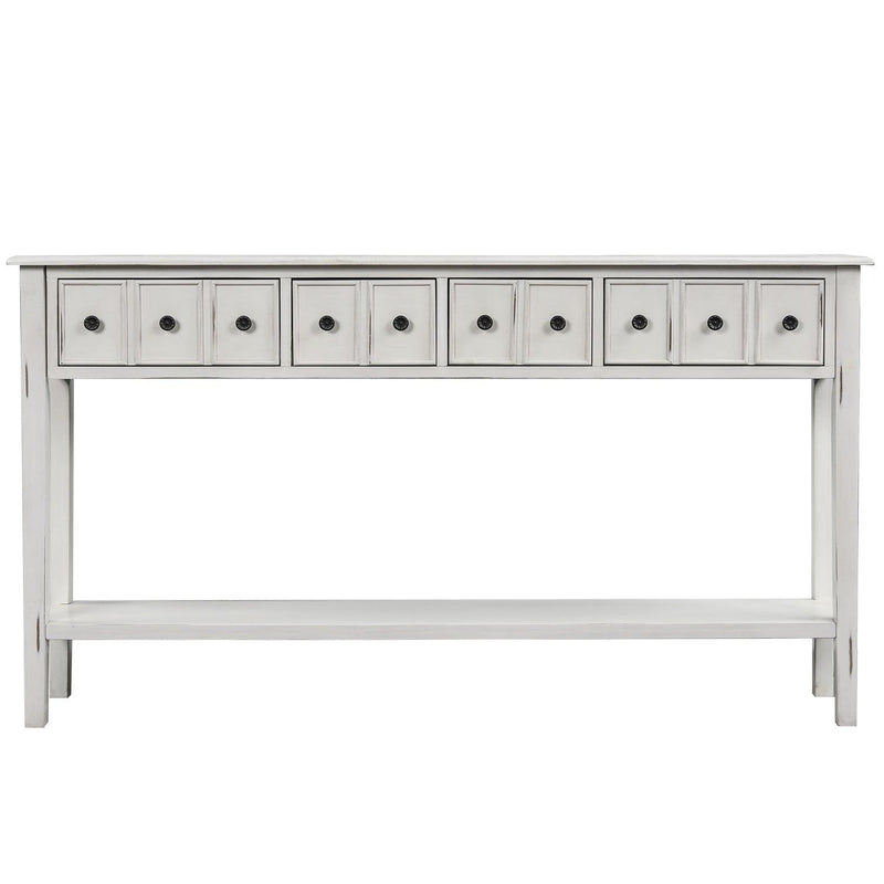 Rustic Entryway Console Table, 60" Long with two Different Size Drawers and Bottom Shelf forStorage (Antique White)