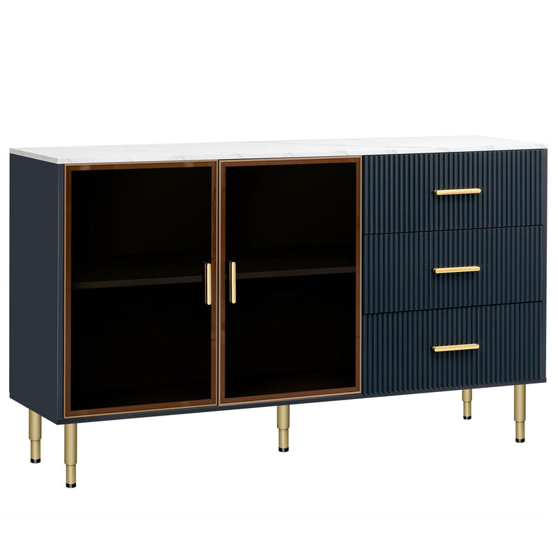 Modern Sideboard MDF Buffet Cabinet Marble Sticker Tabletop and Amber-yellow Tempered Glass Doors with Gold Metal Legs & Handles (Navy Blue) - Urban Living Furniture (Los Angeles, CA)