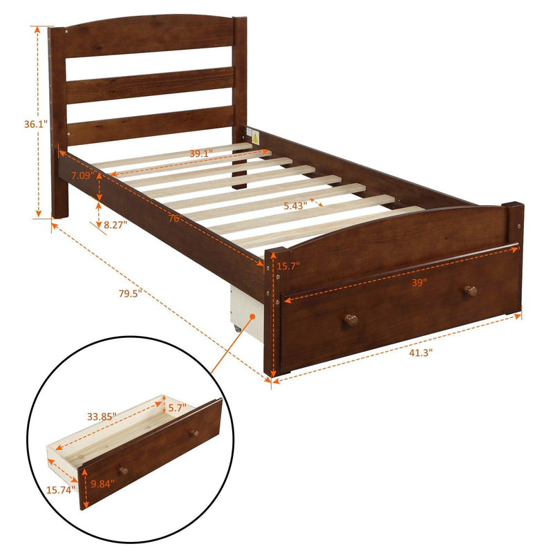 Platform Twin Bed Frame withStorage Drawer and Wood Slat Support No Box Spring Needed, Walnut - Urban Living Furniture (Los Angeles, CA)